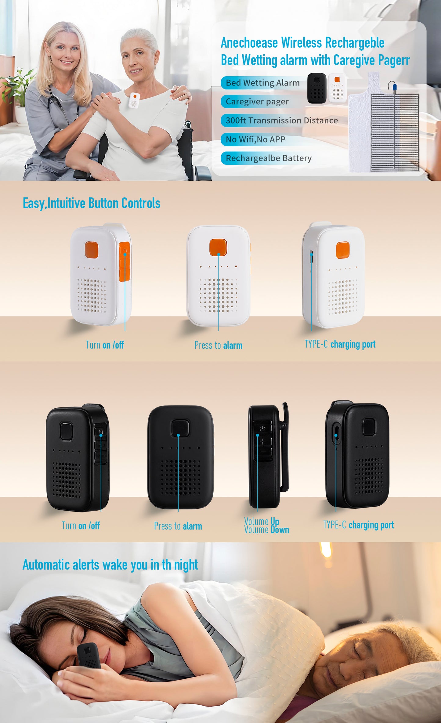Anechoease Ak310 Wireless Bed Wetting Alarm for Elderly Adults – Bedwetting Alarm Pad & Pager – Enuresis Pee Alarm Monitor for Seniors After Surgery, Stroke, or Dementia